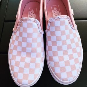 Pink and White Checkered Slip on Vans